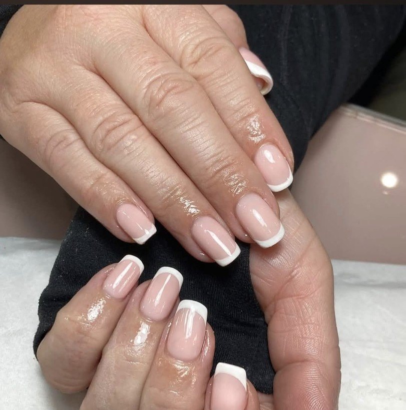 Square nude and white BIAB French manicure by Leanne