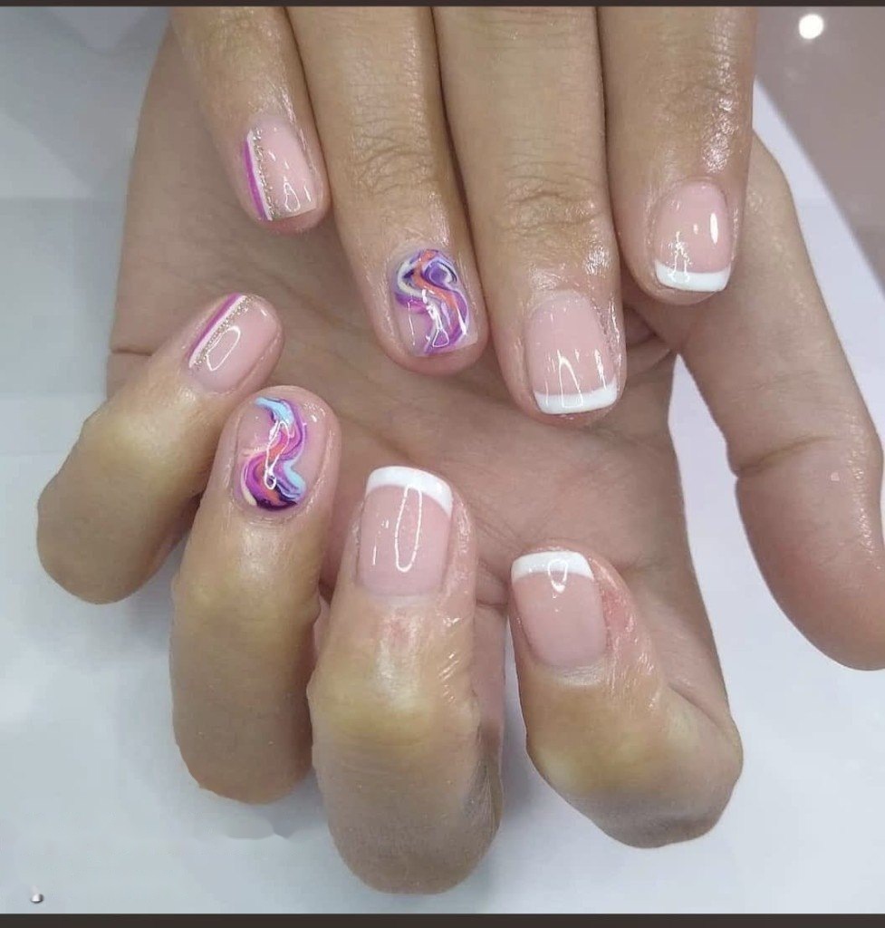 BIAB French nails with pink, blue and purple nail art by Leanne