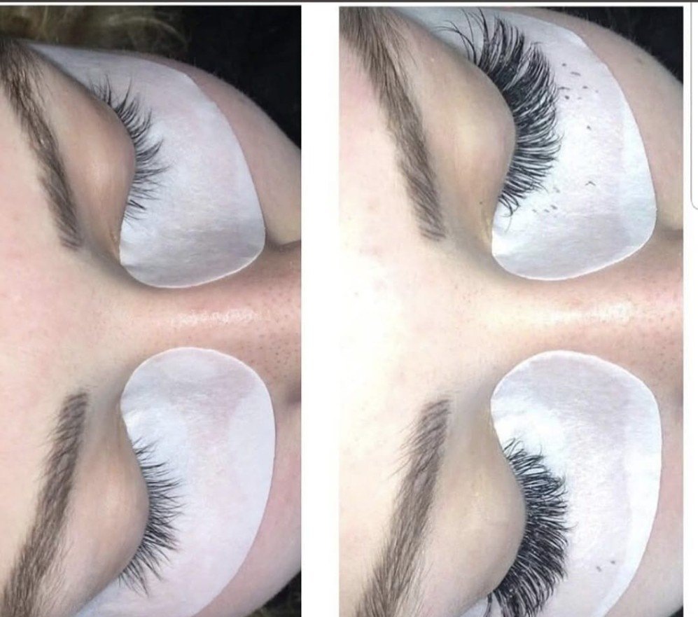 Before and after view of a hybrid lash treatment by Leanne